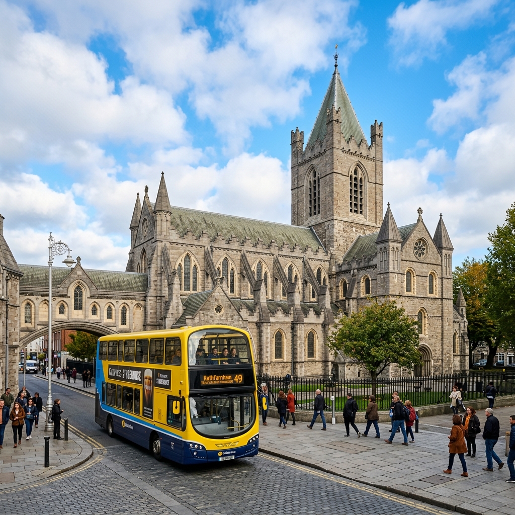 Gothic cathedral in Dublin with yellow double-decker bus