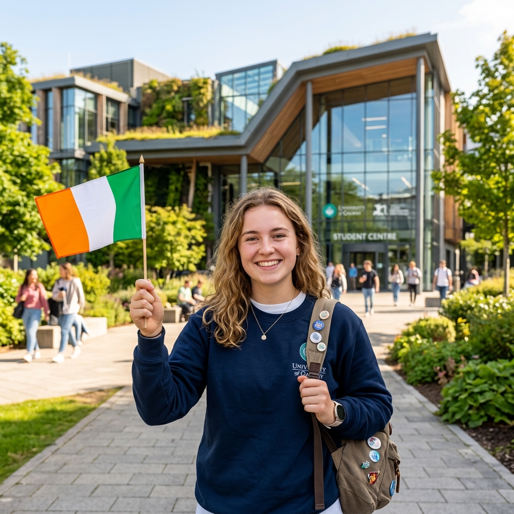 Student holding the Irish flag