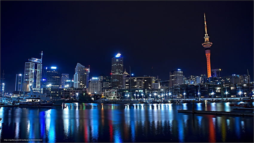 Auckland skyline at night across the harbour, New Zealand